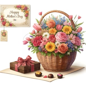 Clipart de flores para o Dia das Mães, Clipart de cesta, 19 JPGs de alta qualidade, Clipart de aquarela para impressão, Download digital, Artesanato em papel, Diários de sucata