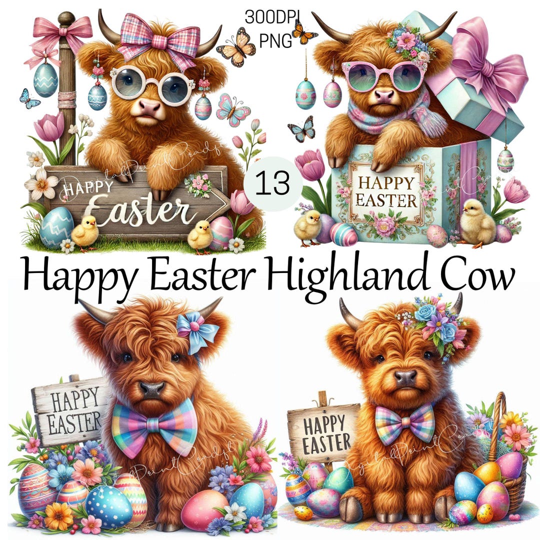Happy Easter Highland Cow Clipart Bundle | Cute Cow Design | Wrap ...