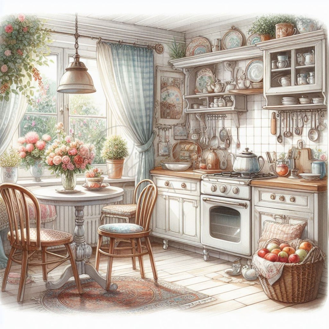 vintage floral kitchen scene clipart set graphic by... Vintage Kitchen Scene, Kitchen Tools Clipart, 12 High Quality Jpgs ...