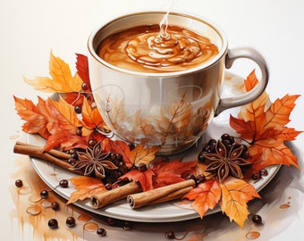 12 Fall Coffe Mug Clipart, Floral Autumn Decoration, Ideal For Postcards, Clipart Bundle, Printable Watercolor JPG ,Digital download