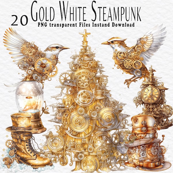 Gold White Steampunk Clipart Printable, Watercolor Art Print Junk Journal Handmade Digital Download Commercial Use