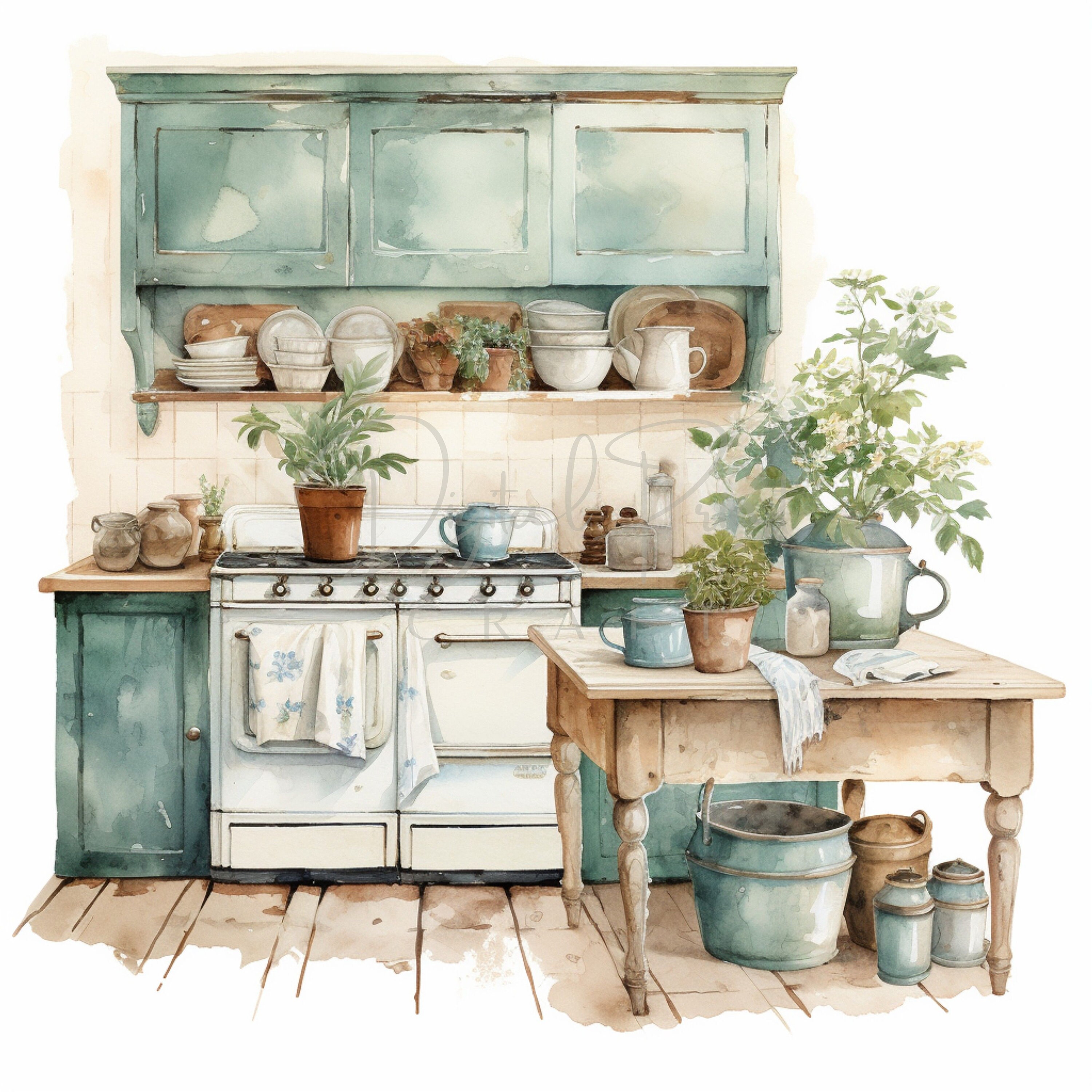 Shabby Chic Kitchen, Vintage Clipart, 18 High Quality Jpgs, Printable ...