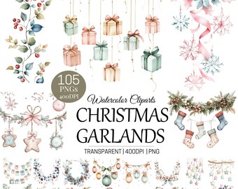 Watercolor Christmas Garland Clipart Bundle|105 Hand-painted Holiday Borders, Cookies,Ornaments Botanical Elements|PNG for Light Backgrounds