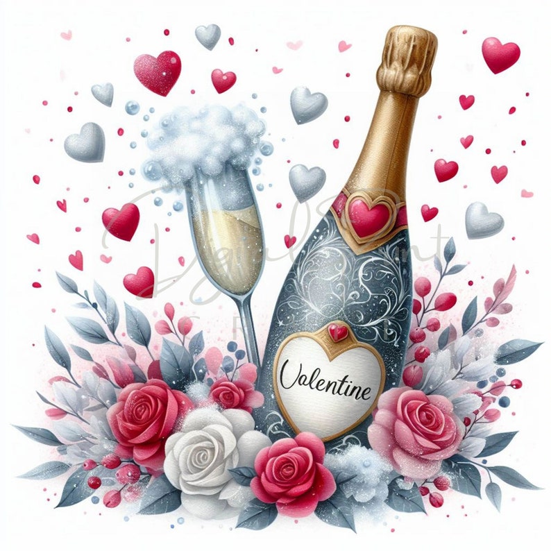 Peut inclure: Une bouteille de champagne bleue et dorée avec une étiquette en forme de cœur qui dit "Valentine". La bouteille est entourée de roses rouges et blanches, et il y a de petits cœurs rouges éparpillés autour de l'image.