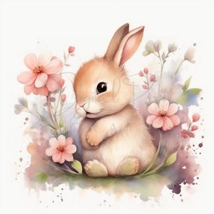 Bunny Flowers - 9 High Quality JPGs - Bunnie Clipart -Digital Planner, Junk Journaling,Watercolor Clipart-Commercial Use-Digital Download