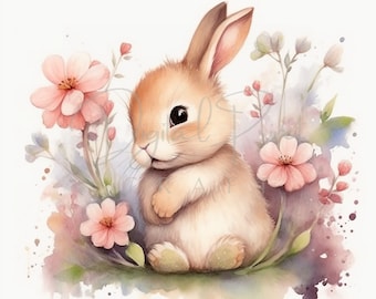 Bunny Flowers - 9 High Quality JPGs - Bunnie Clipart -Digital Planner, Junk Journaling,Watercolor Clipart-Commercial Use-Digital Download