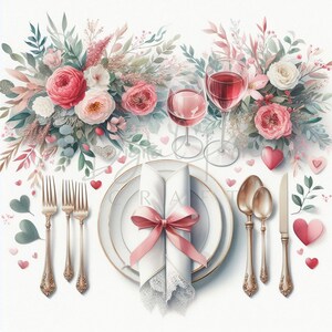 8 imágenes prediseñadas de mesa de San Valentín en formato JPG, para celebrar el día de San Valentín, flores de San Valentín, diarios basura, álbumes de recortes, planificadores, descarga digital para uso comercial.