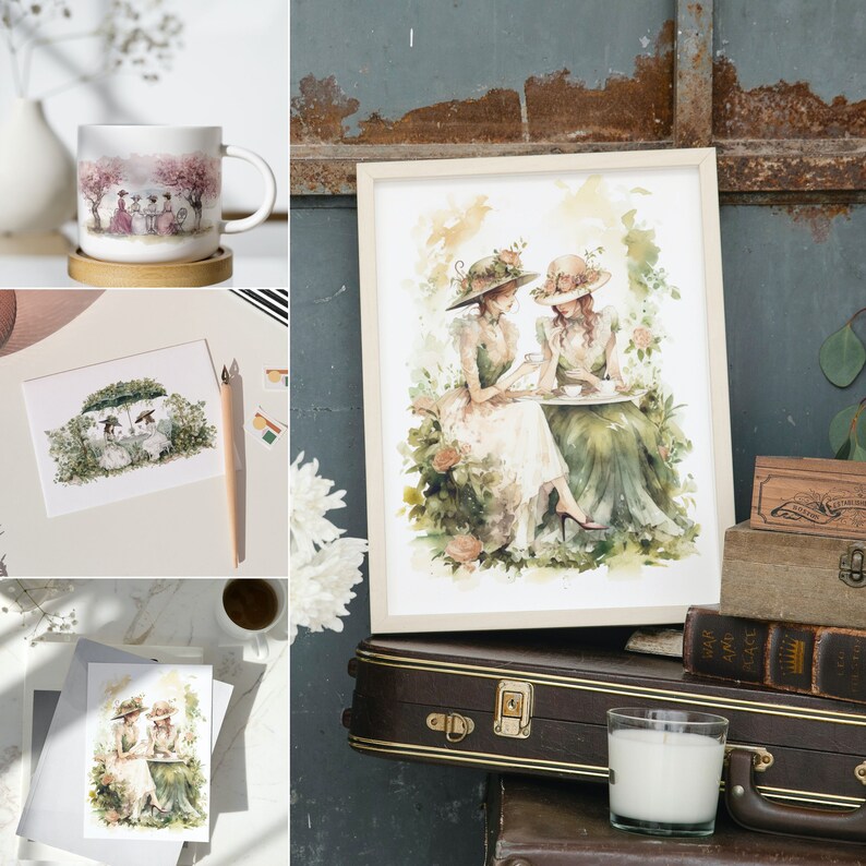 May include: A watercolor painting of two women in vintage dresses and hats, sitting at a table with teacups and a teapot, surrounded by lush greenery.
