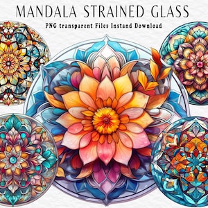 15 gebrandschilderd glas aquarel mandala clipart. Bundel met transparante achtergrond. Commercieel gebruik