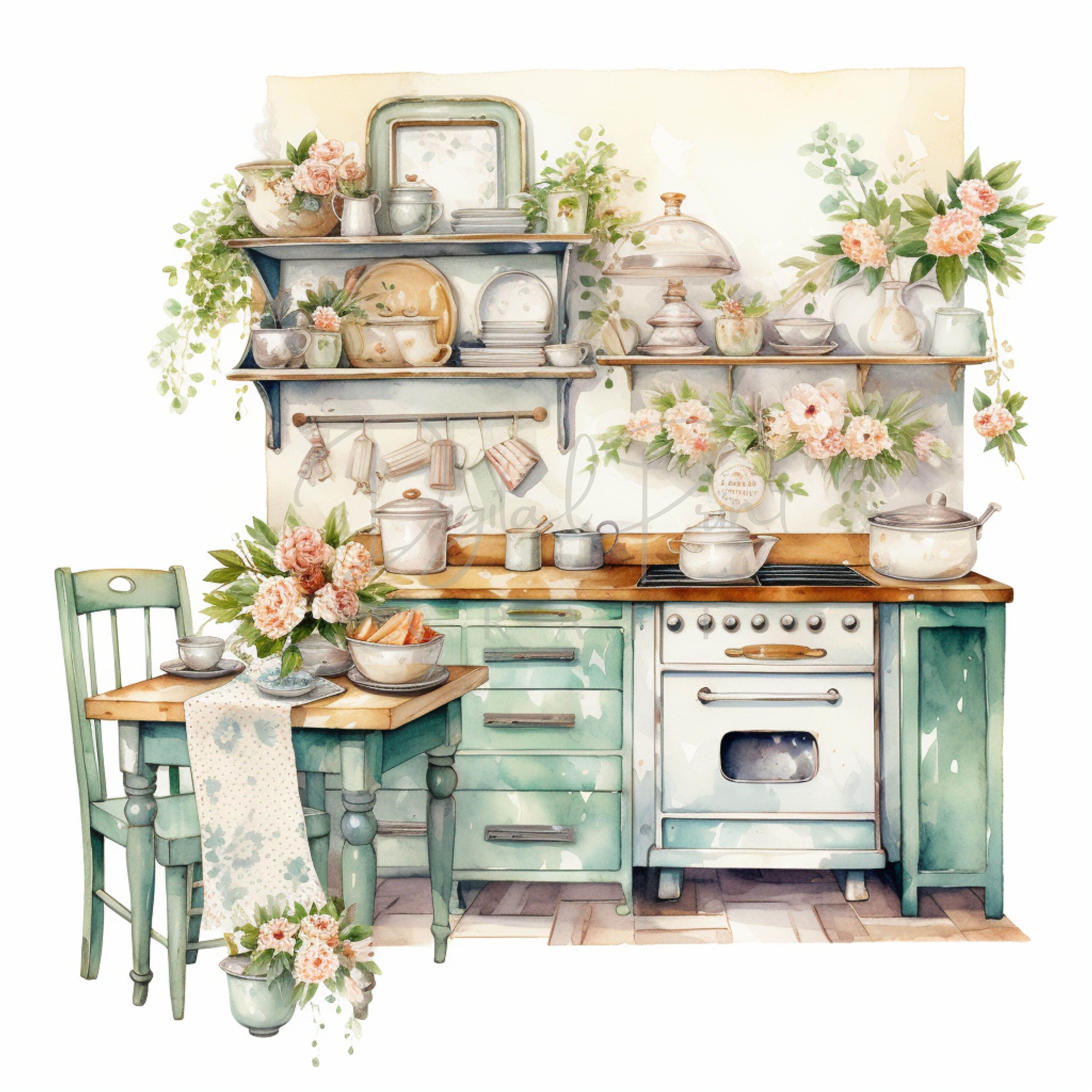 Shabby Chic Kitchen, Vintage Clipart, 18 High Quality Jpgs, Printable ...