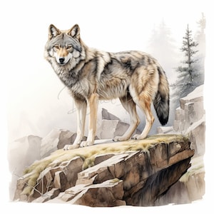14 Forest Wolf Clipart, Wildlife Animal Landscape, Watercolor JPG, Ideal For Postcards, Junk Journal. Wall Art, Digital Printable Art