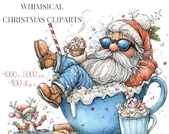 Whimsical Christmas Clipart Bundle | Cute Holiday Characters in Cups | Watercolor Winter PNG | Funny Kids & Animals for Stickers, Crafts