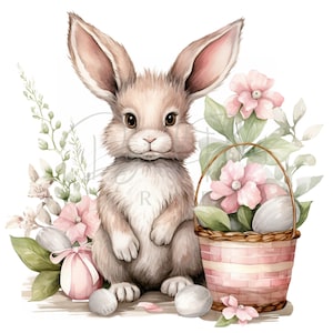Osterhase Blumen Frühling Clipart, 19 hochwertige PNGs, Kaninchen Clipart, digitaler Planer, Junk Journaling, Aquarell Clipart, Geschenkkarte
