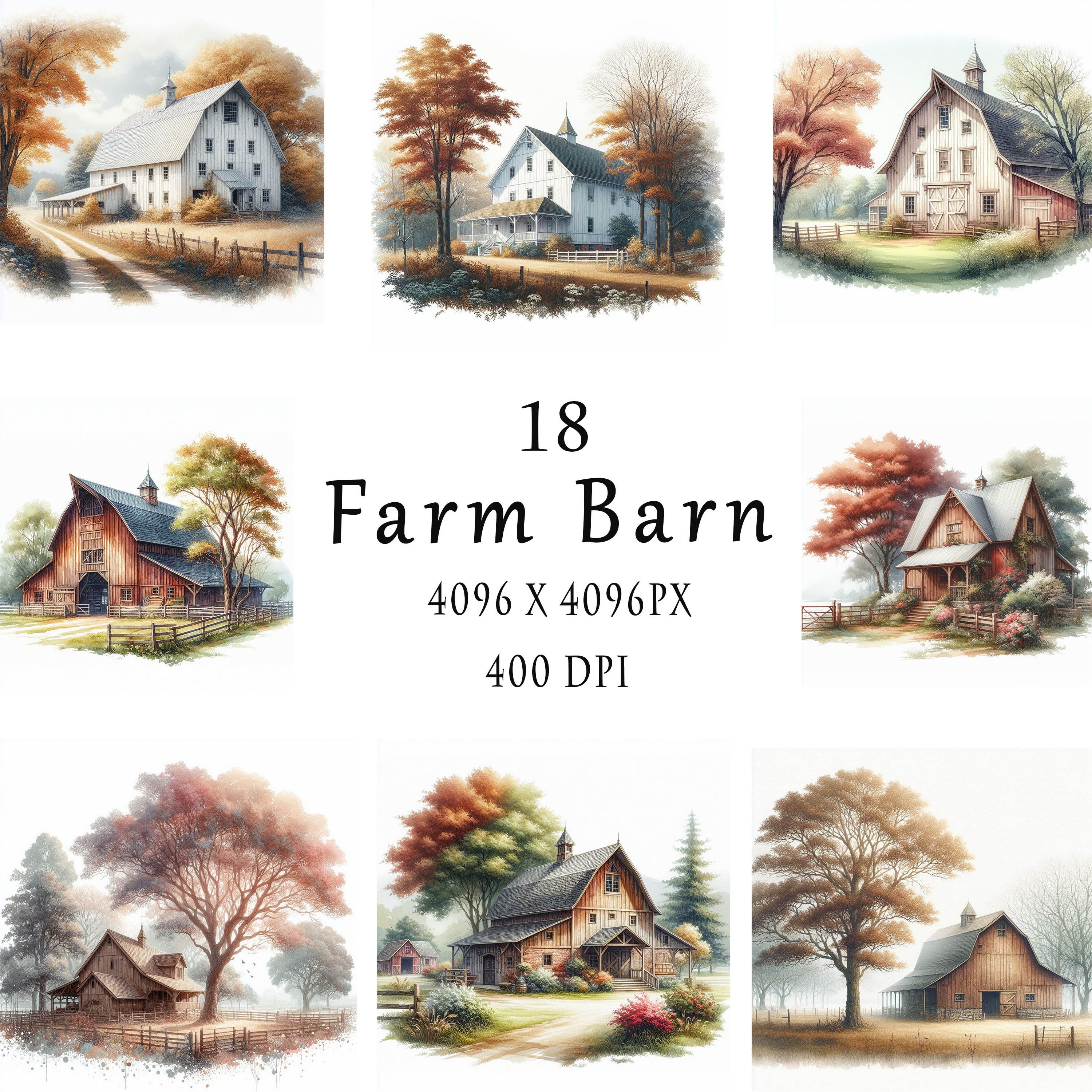 Farm Barn Vintage Clipart Watercolor Farmhouse Bundle | 18 JPG Files ...