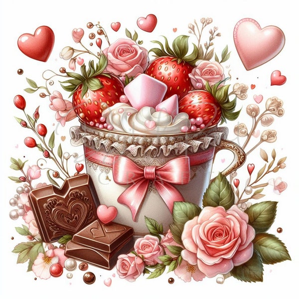 Valentinstag Schokolade Tasse Clipart, 13 JPG Valentinstag Clipart, Valentinstag Rosen JPG, Valentinstag Süßigkeiten, Pralinen, Blumen, kommerzielle Nutzung