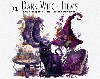 31 Dark Witch Items Clipart , Magic Witch Clipart PNG, Witches PNG, Scrapbook, Junk Journal, Paper Crafts Scrapbooking