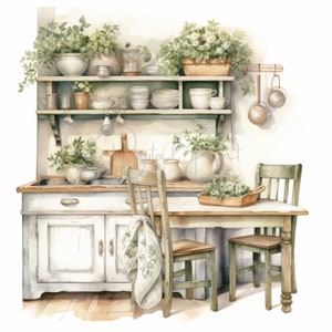 Shabby Chic Kitchen, Vintage Clipart, 18 High Quality JPGs, Printable Watercolor clipart,Digital download,Paper craft,junk journals