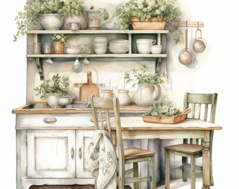Shabby Chic Kitchen, Vintage Clipart, 18 High Quality JPGs, Printable Watercolor clipart,Digital download,Paper craft,junk journals
