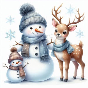 10 Schneemann Rentier, Cute Schnee Clipart, Weihnachten für Kinder, Aquarell JPG, für Postkarten, Junk Journal.Paper Craft, digitale druckbare Kunst