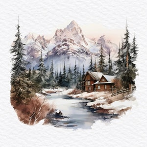 Winter Cabin Clipart, Christmas Cabin Clipart, Snow Scene Clipart, Watercolor Winter Village Clipart, Cabin Christmas Winter Scene Clipart