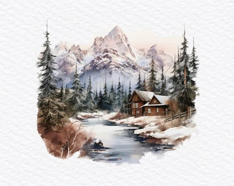Winter Cabin Clipart, Christmas Cabin Clipart, Snow Scene Clipart, Watercolor Winter Village Clipart, Cabin Christmas Winter Scene Clipart