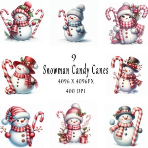 Snowman Candy Canes, 9 JPGs, Christmas Clipart, Merry Christmas Clipart, Ideal For Childroom,Decoration.Paper Craft,Digital Printable Art