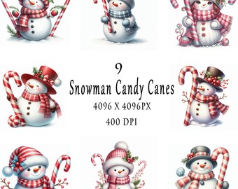 Snowman Candy Canes, 9 JPGs, Christmas Clipart, Merry Christmas Clipart, Ideal For Childroom,Decoration.Paper Craft,Digital Printable Art