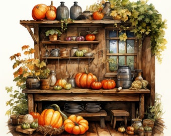15 Autumn Pumpkin Kitchen Clipart, Floral Fall Farm House, Ideal For Postcards, Clipart Bundle, Printable Watercolor JPG ,Digital download