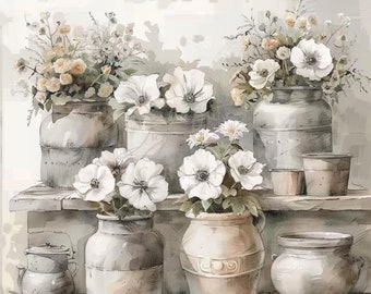 Vintage Coffe Can, Floral Tin, Retro Flower Bouquet, 30 JPGs,Printable Watercolor clipart,Digital download,Paper craft,junk journals