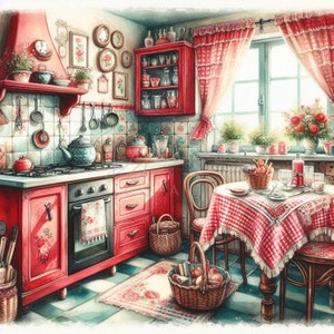 Shabby Chic Vintage Kitchen Red Clipart Bundle, 15 High Quality JPGs,Watercolor,Antique Clipart, Digital Download, Card Making, Paper Craft