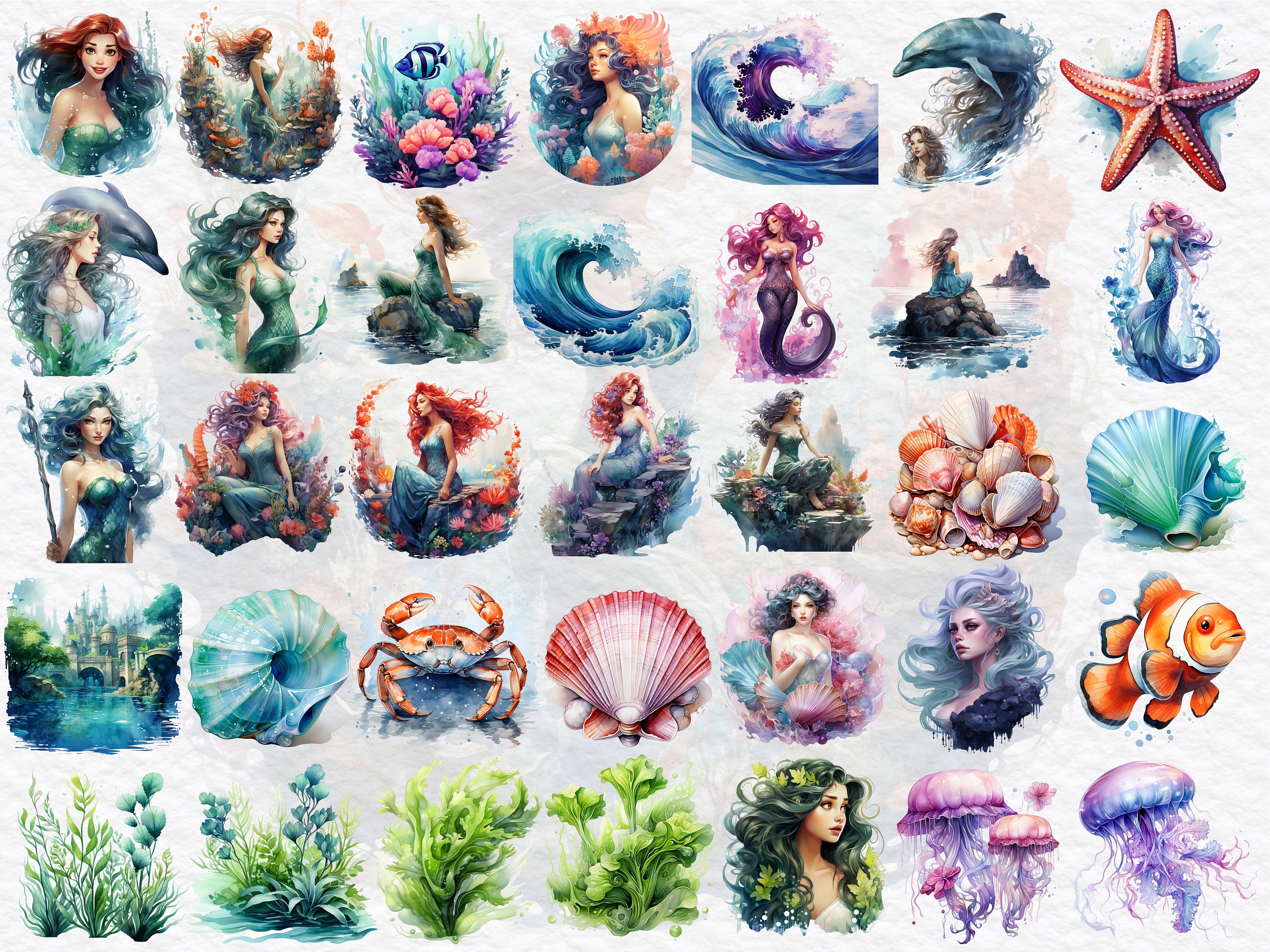 Mermaids Clipart Bundle PNG Transparent - Watercolor Digital Download ...