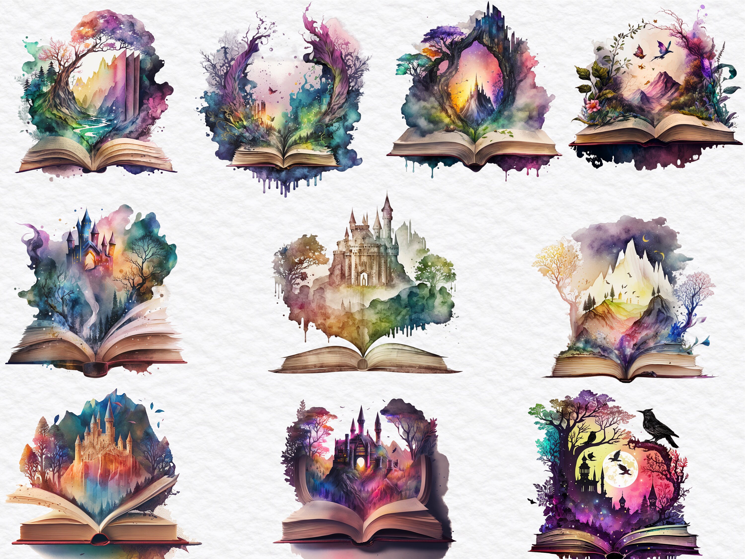 31 PNG Transparent Watercolor Fantasy Books Clipart Bundle, Open Book ...