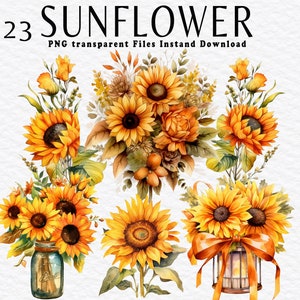 Aquarel zonnebloemen clipart, 23 hoge kwaliteit png-bestanden, zonnebloemkrans, afdrukbare afbeeldingen, florale illustraties, zonnebloemsublimatie