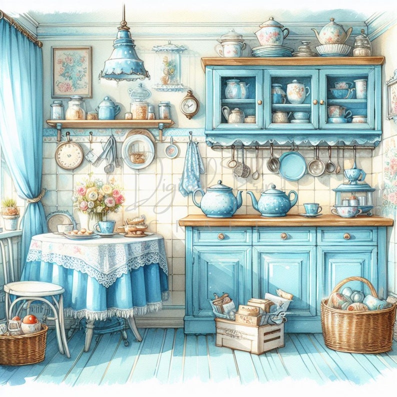 Shabby Chic Kitchen Blue Vintage Clipart Bundle, 8 High Quality Jpgs ...