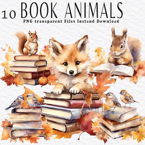 Aquarelle des cliparts animaux de la forêt, livre animaux, clipart à usage commercial, PNG transparents, clipart chambre d'enfant, renard, oiseau, écureuil PNG