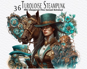 Turquoise Steampunk Clipart Printable, Watercolor Futuristic Victorian Era Art Print Junk Journal watercolor Digital Download Commercial Use