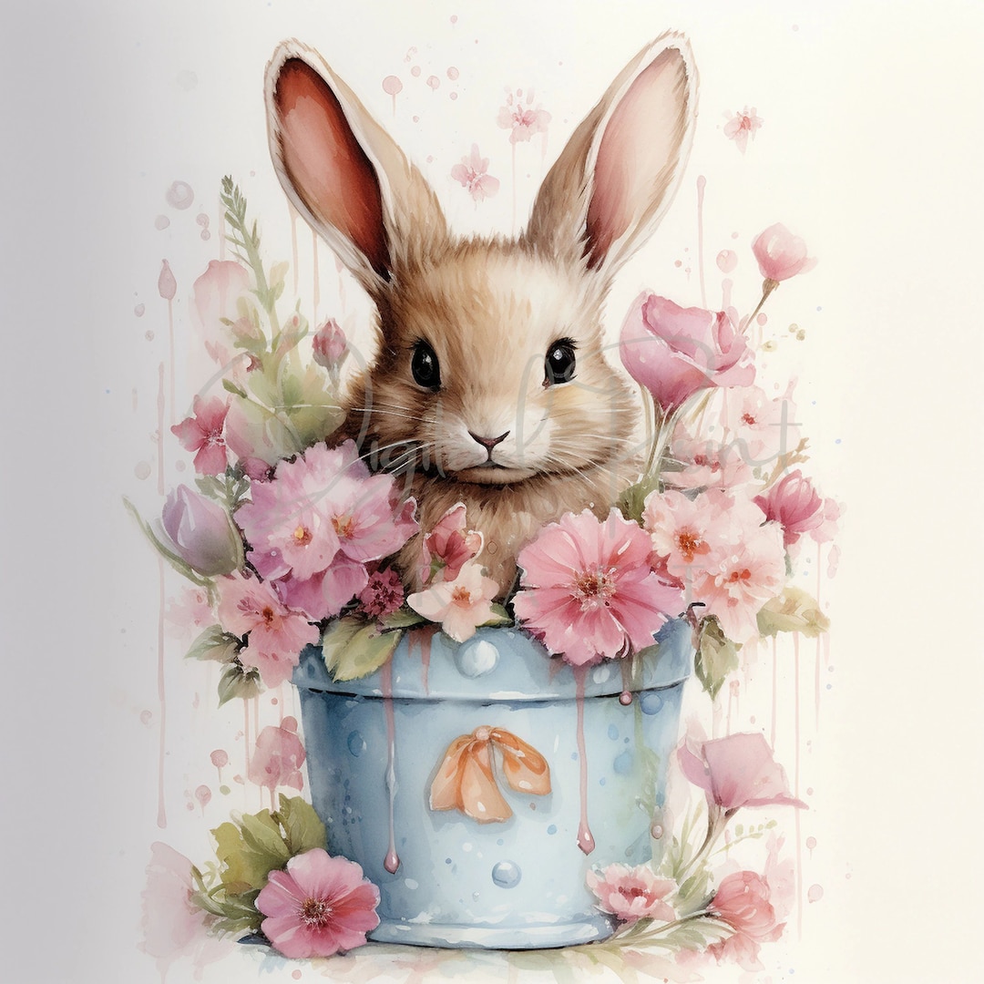 Rabbit in A Bucket- 12 High Quality Jpgs - Bunnie Clipart, Floral Bunny ...