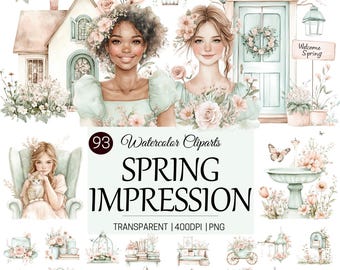 Spring Clipart, Springtime Illustration, Watercolor Floral Spring, Spring Season, Spring Scenes, Digital Stickers, Scrapbook, Commercial Use