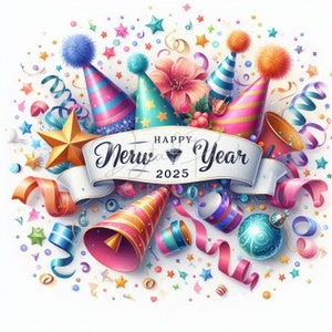 Clipart de Feliz Año Nuevo 2025 - 10 JPG de alta calidad, Clipart de fiesta, Descarga digital, Licencia comercial, Creación de tarjetas, Manualidades digitales con papel