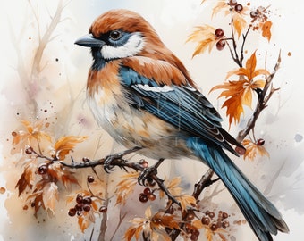 12 Autumn Sparrow Clipart, Forest Fall Color,Sweet Bird, Watercolor JPG, Ideal For Childroom, Junk Journal.Paper Craft,Digital Printable Art