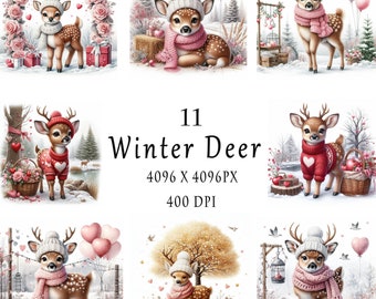Winter Deer Clipart, 11 JPGs, Christmas Animals, Christmas Clipart, Digital Download, Commercial License, Card Making, Digital Paper Craft