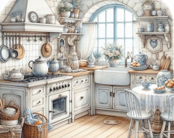 Shabby Chic White Kitchen, Kitchen Clipart, 20 High Quality JPGs, Printable Watercolor clipart,Digital download,Paper craft,junk journals