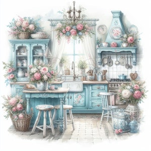 Shabby Chic Kitchen Blue Vintage  Clipart Bundle, 8 High Quality JPGs,Watercolor,Antique Clipart, Digital Download, Card Making, Paper Craft