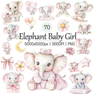 Clipart olifant, aquarel babymeisje olifant illustratie, schattige olifant met kroon, digitale download voor babyshower, decor kinderkamer kunst