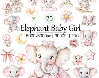 Clipart de elefante, ilustración de elefante de niña en acuarela, lindo elefante con corona, descarga digital para baby shower, decoración artística para guardería