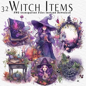 32 objets Clipart, clipart sorcière magique PNG, sorcières PNG, scrapbooking, journal indésirable, artisanat en papier pour Scrapbooking