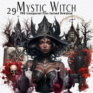 29 Mystic Witch Clipart Set, Dark Fantasy, Magic Witch clipart PNG, Witches PNG, commercial use, Scrapbook, Junk Journal, Paper Crafts
