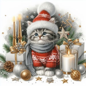 Christmas Kitten Clipart, 16 JPGs, Christmas Animals, Christmas Decoration, Winter JPG, Digital Download, Commercial License, Card Making