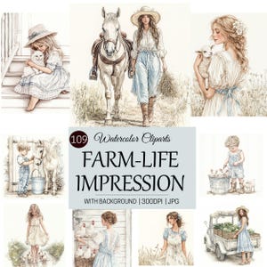 Country Farm Life Clipart,Watercolor Rustic Farm Life,Vintage Cottagecore Art,Farm Animal,Junk Journal,Paper Craft,Digital Download