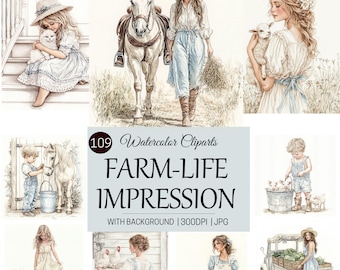 Country Farm Life Clipart,Watercolor Rustic Farm Life,Vintage Cottagecore Art,Farm Animal,Junk Journal,Paper Craft,Digital Download